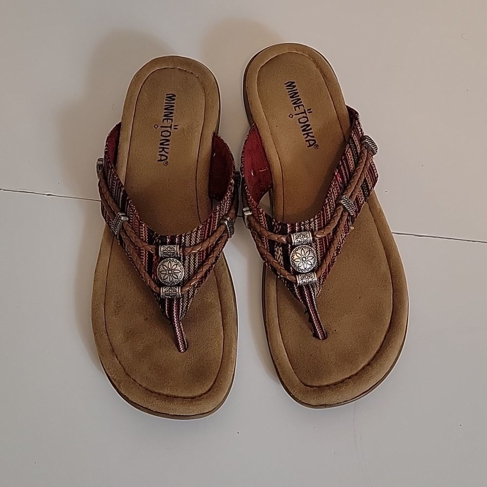 Minnetonka Brown and Tan Braided Leather Thong Sandals